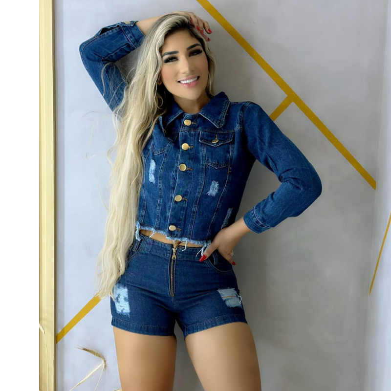 Jaqueta Jeans Feminina Estilo Moto