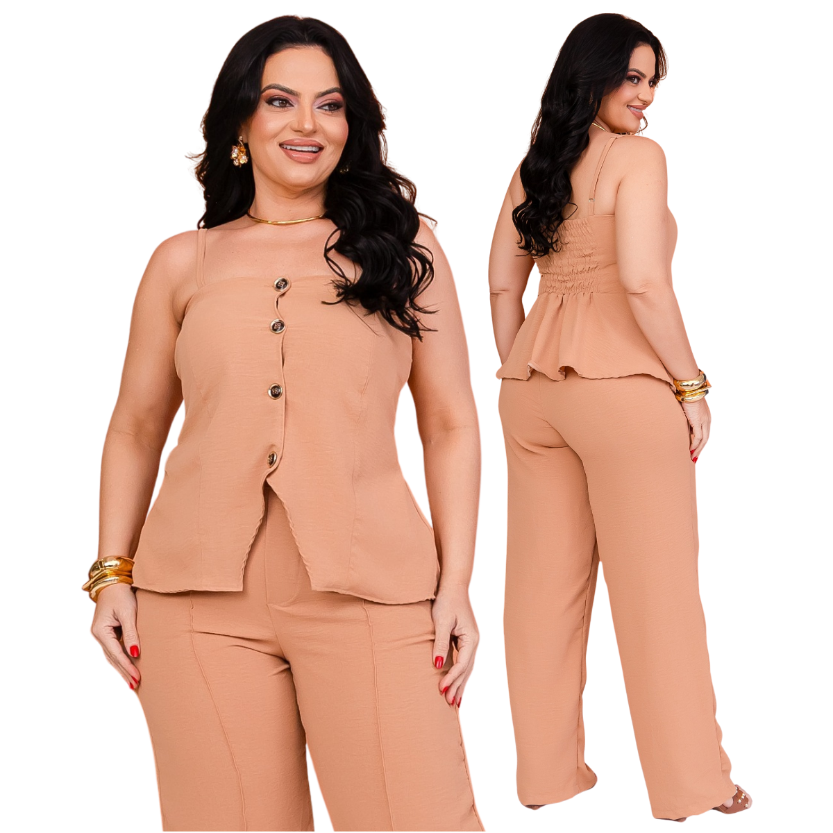 Conjunto Alfaiataria Calça Pantalona e Blusa de Alça com Botões e Elástico