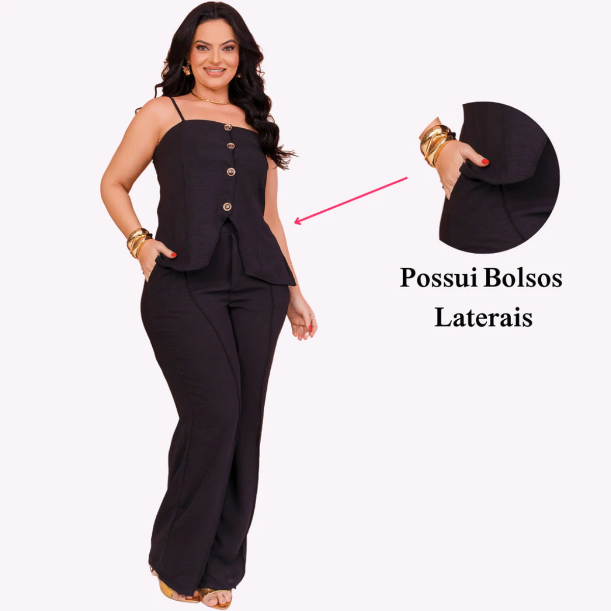 Conjunto Alfaiataria Calça Pantalona e Blusa de Alça com Botões e Elástico