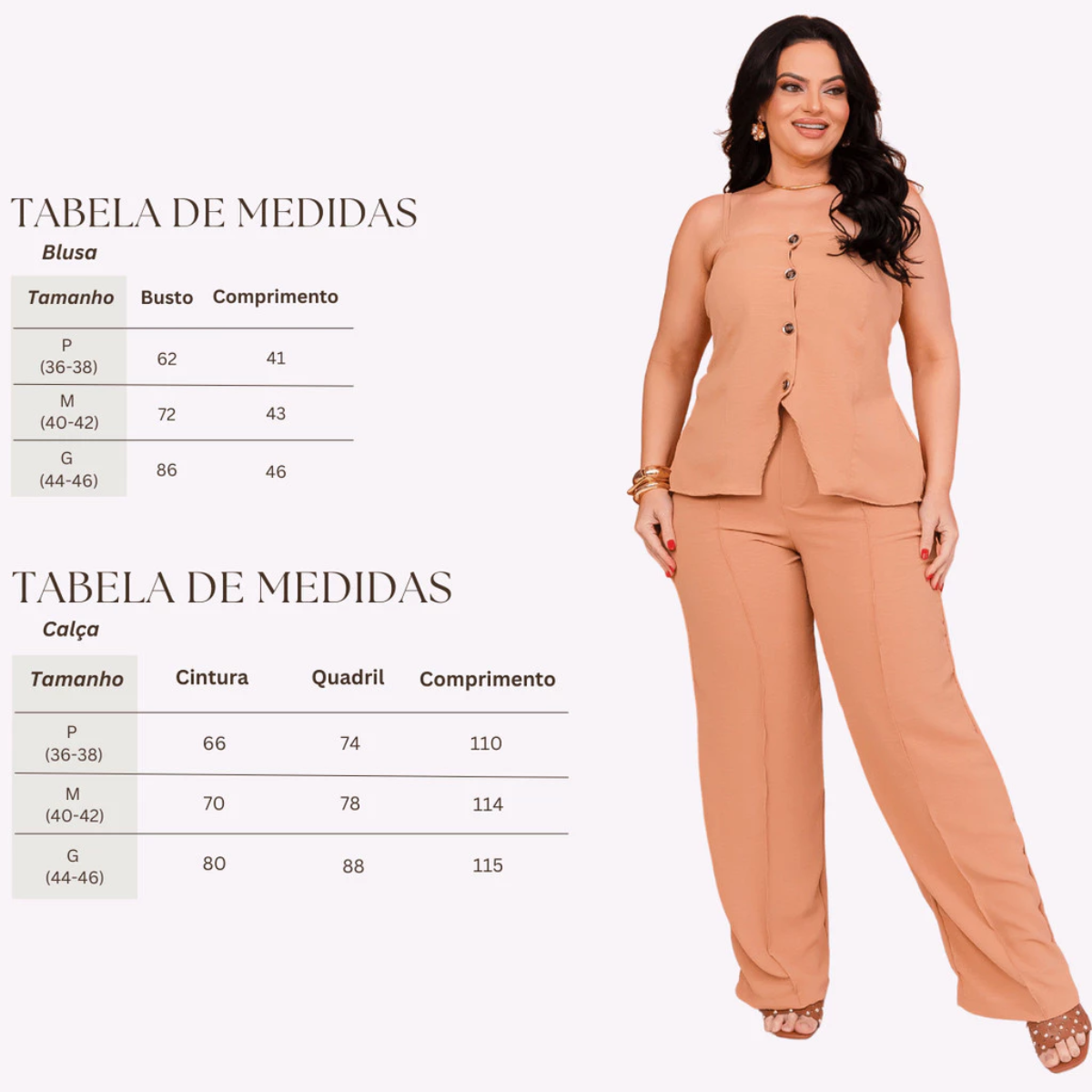 Conjunto Alfaiataria Calça Pantalona e Blusa de Alça com Botões e Elástico