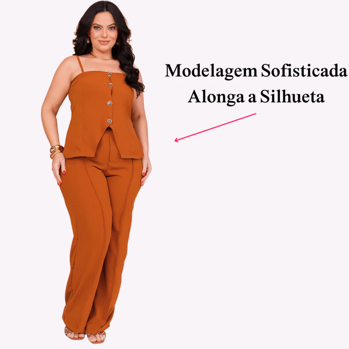 Conjunto Alfaiataria Calça Pantalona e Blusa de Alça com Botões e Elástico