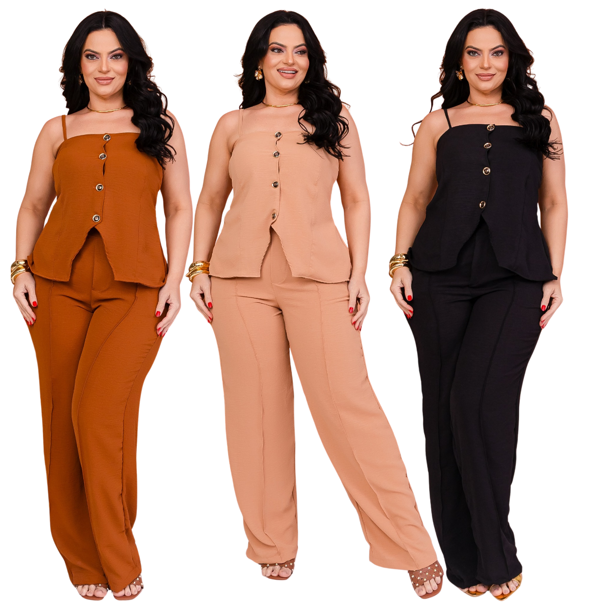Conjunto Alfaiataria Calça Pantalona e Blusa de Alça com Botões e Elástico