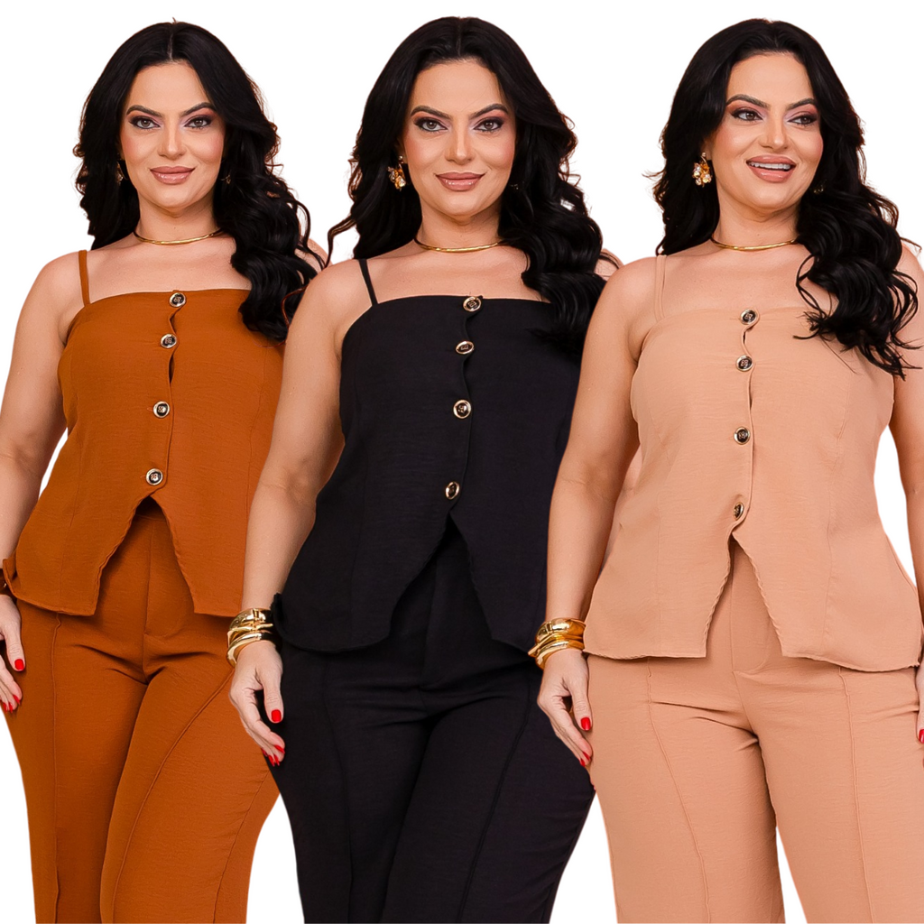 Conjunto Alfaiataria Calça Pantalona e Blusa de Alça com Botões e Elástico