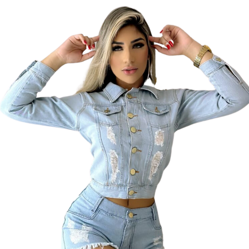 Jaqueta Jeans Feminina com Gola de Pele Sintética