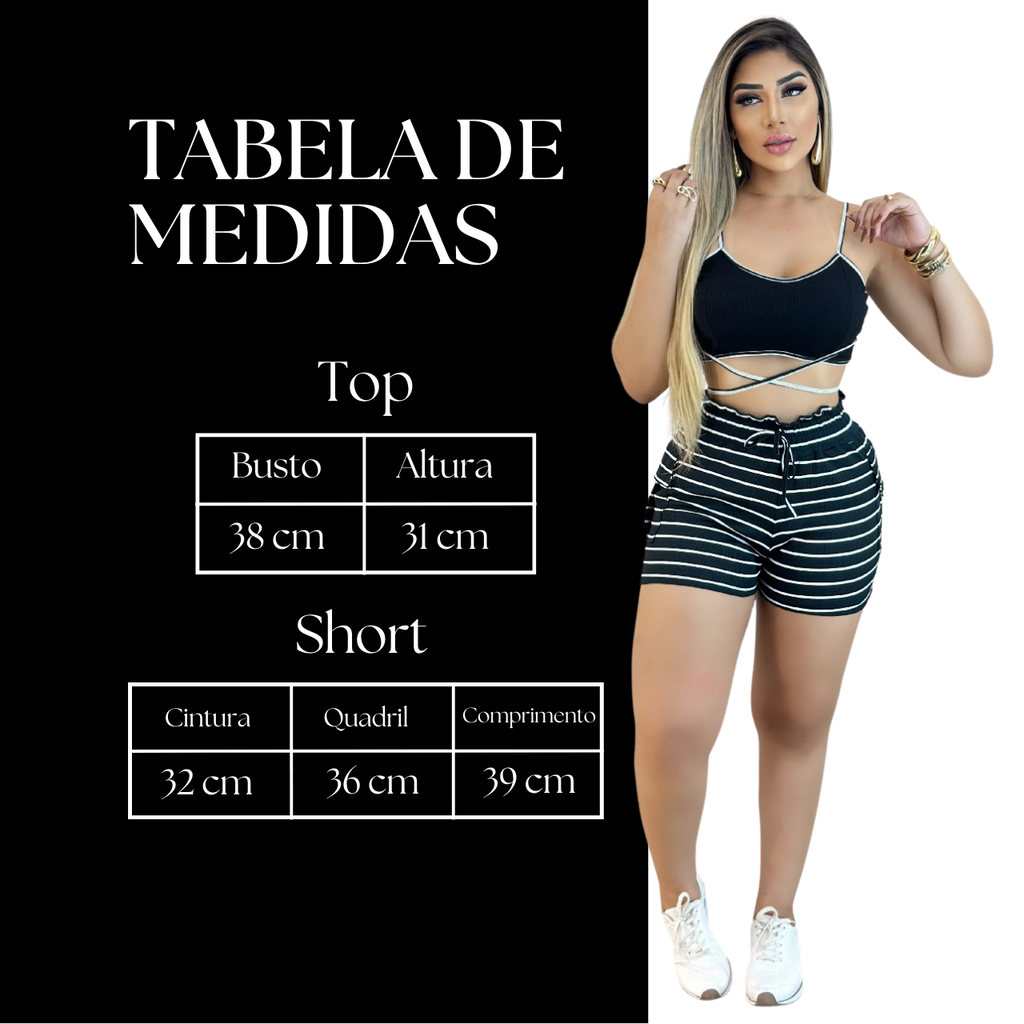 Conjunto Feminino Top com Alça e Short Ajustável Listrado