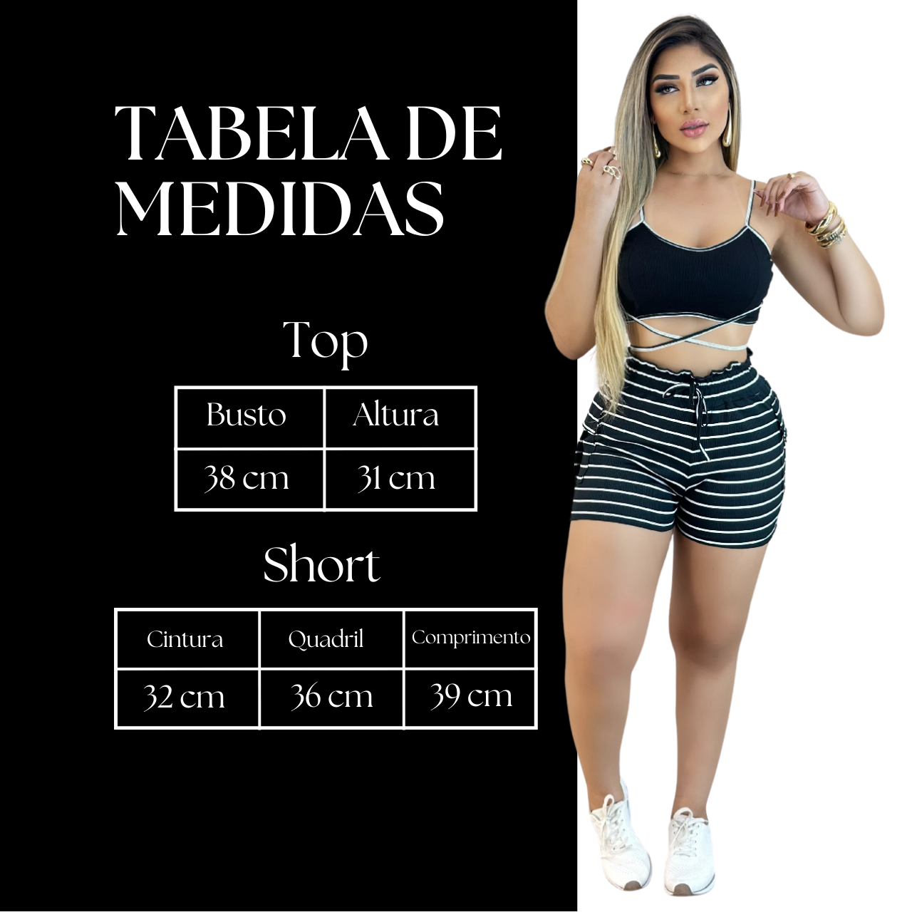 Conjunto Feminino Top com Alça e Short Ajustável Listrado
