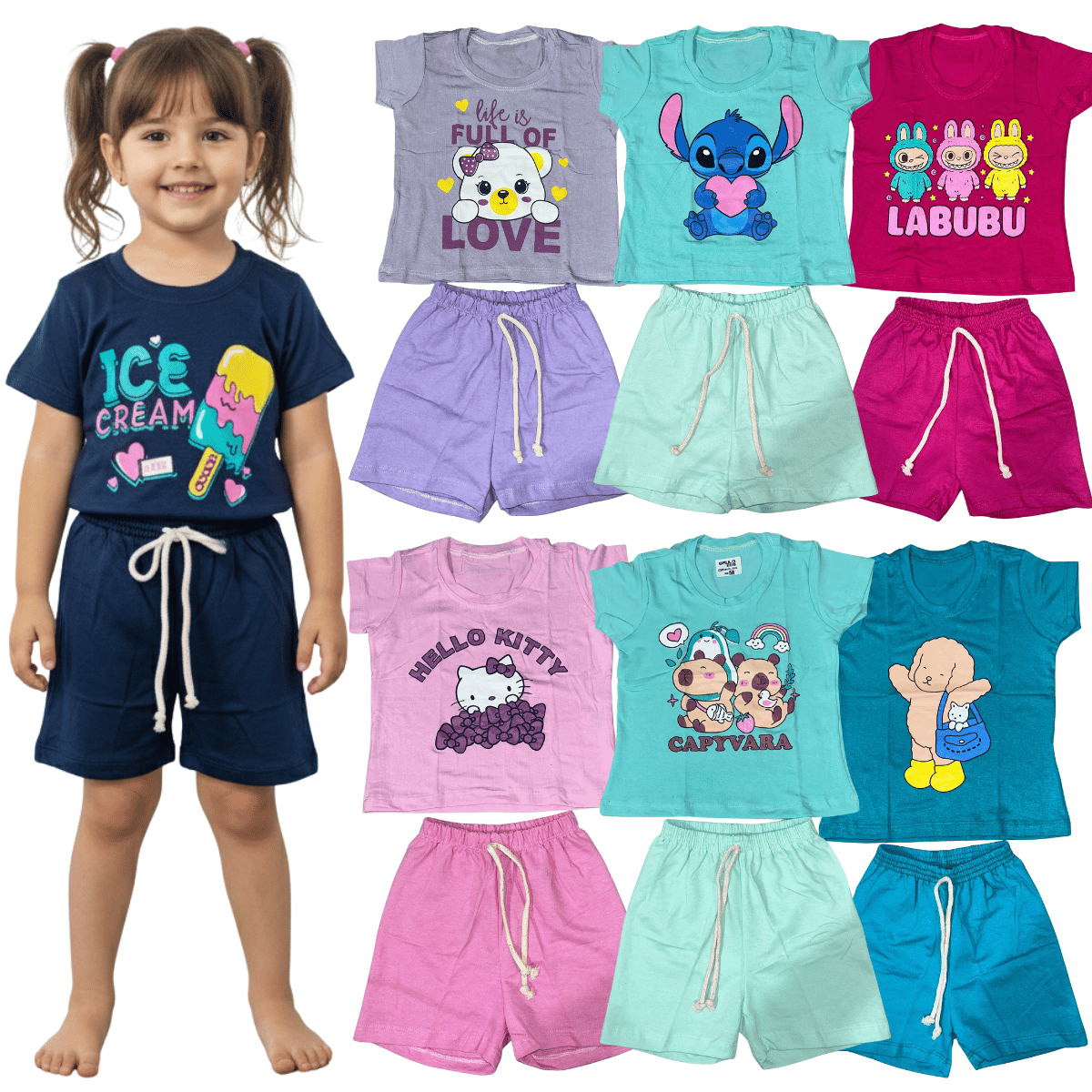 + 35 peças vendidas     Kit 5 Conjuntos Infantil com Mangas e Bermuda Feminina Variada