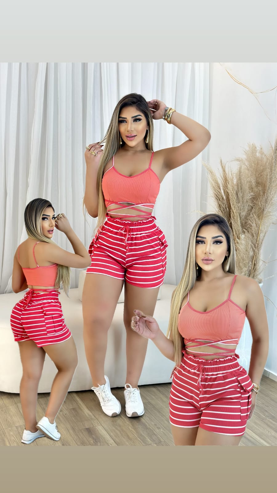 Conjunto Feminino Top com Alça e Short Ajustável Listrado