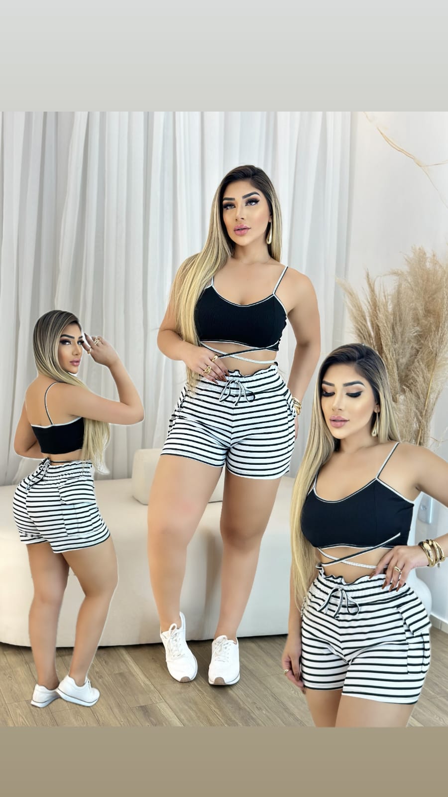Conjunto Feminino Top com Alça e Short Ajustável Listrado