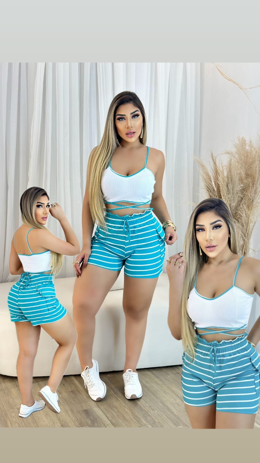 Conjunto Feminino Top com Alça e Short Ajustável Listrado