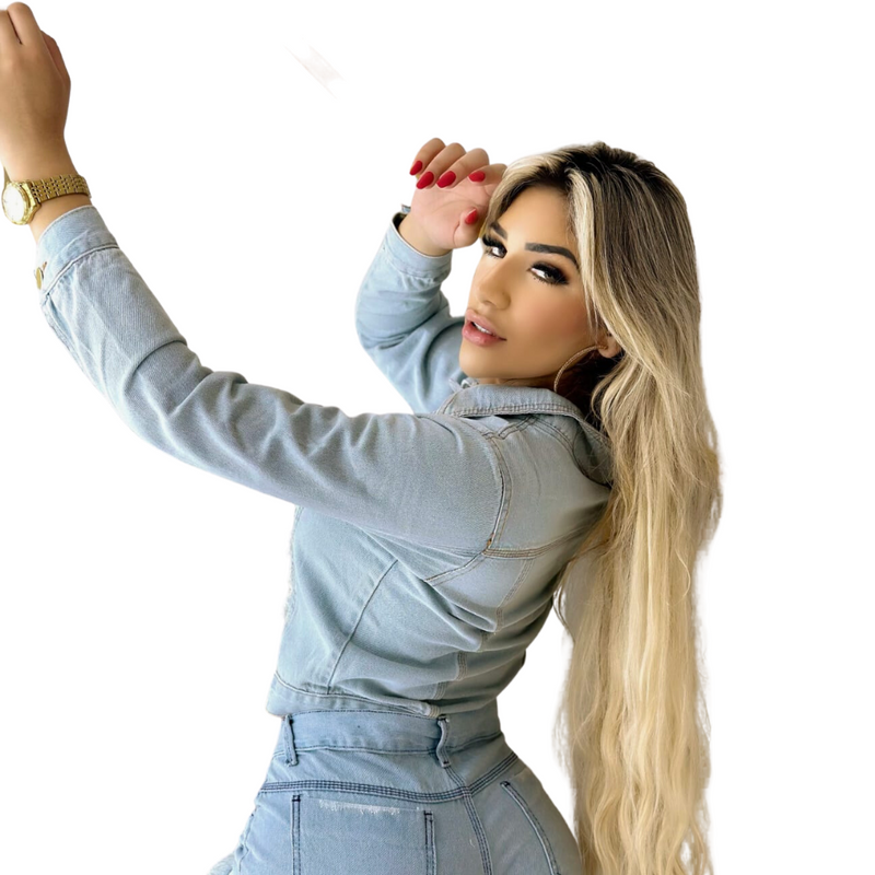 Jaqueta Jeans Feminina com Gola de Pele Sintética