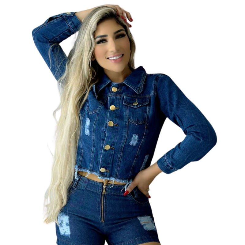 Jaqueta Jeans Feminina Estilo Moto