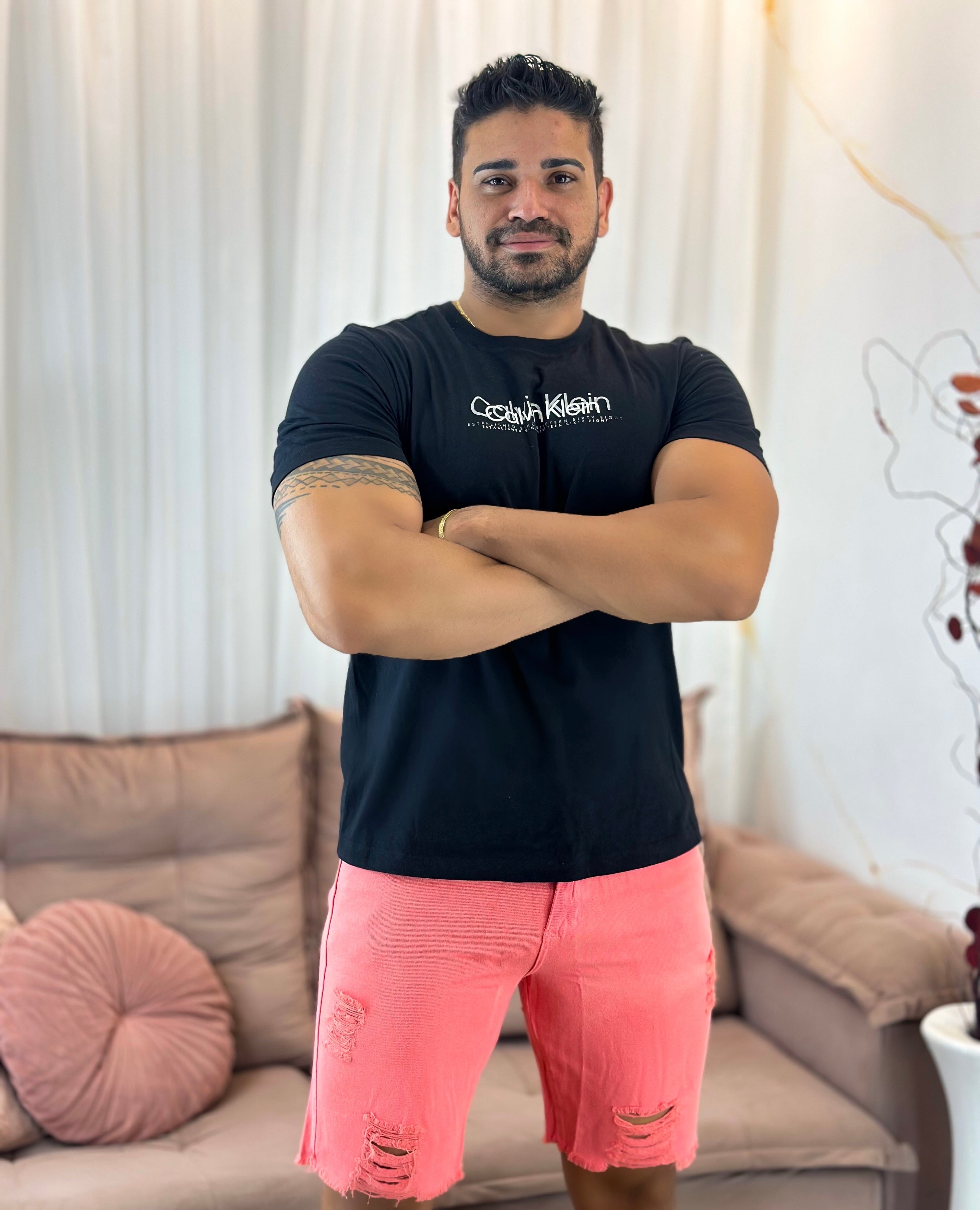 Bermuda Jeans Masculina Rosa Salmão
