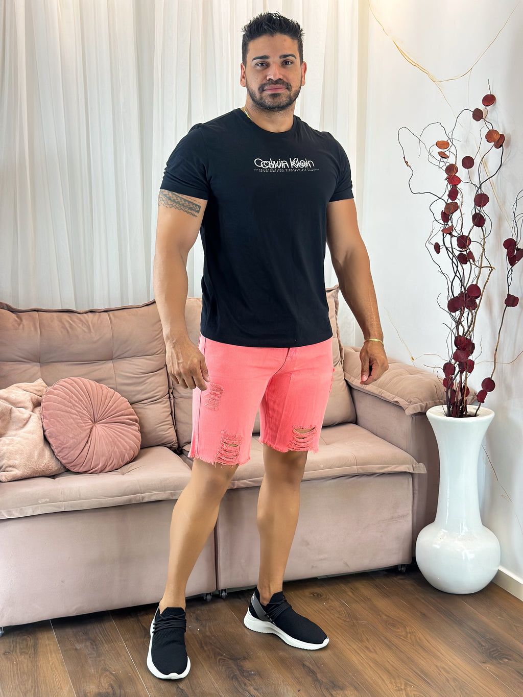 Bermuda Jeans Masculina Rosa Salmão