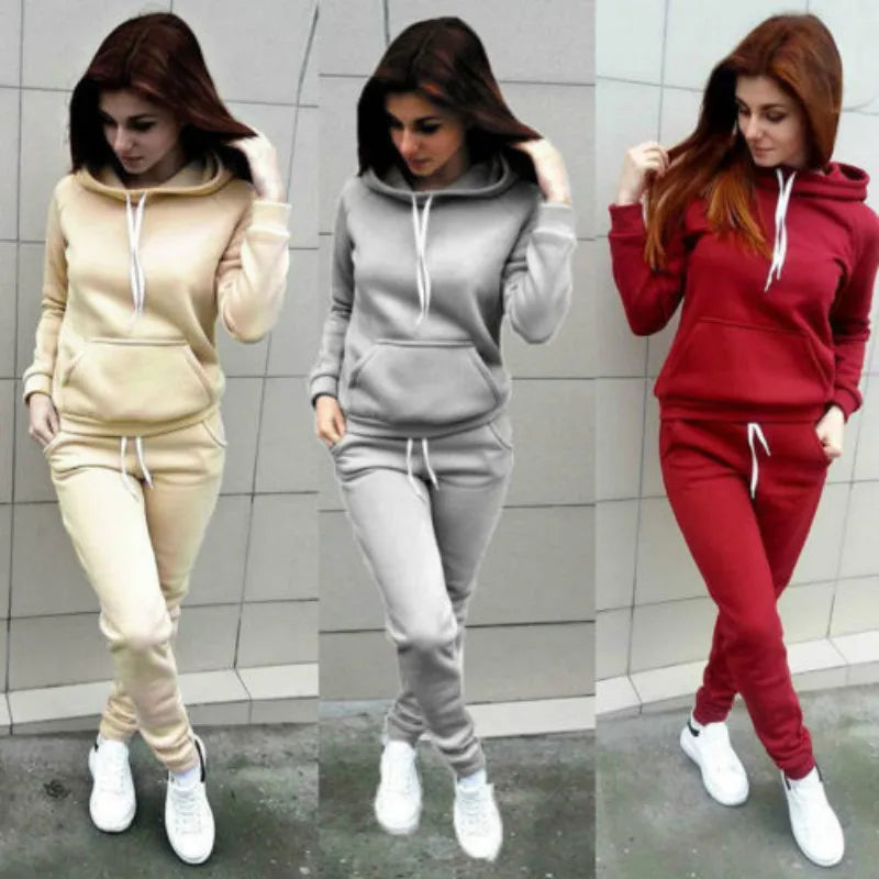 Conjunto de agasalho feminino liso, moletom casual com capuz, calça, roupa esportivo