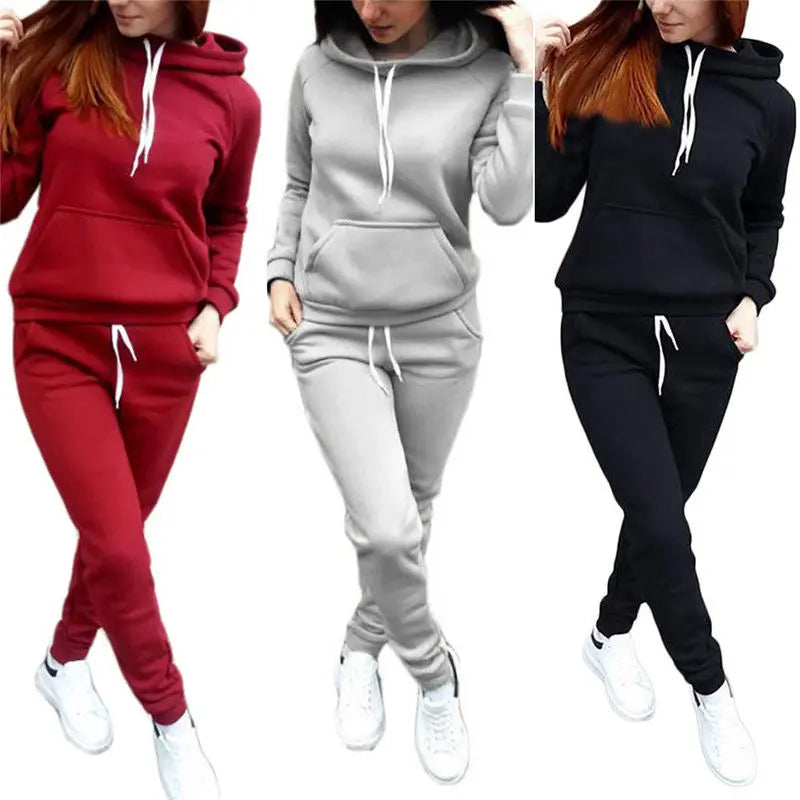 Conjunto de agasalho feminino liso, moletom casual com capuz, calça, roupa esportivo