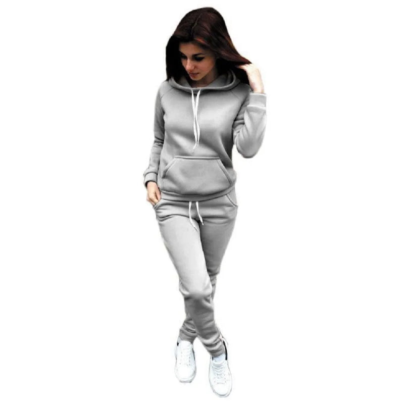 Conjunto de agasalho feminino liso, moletom casual com capuz, calça, roupa esportivo