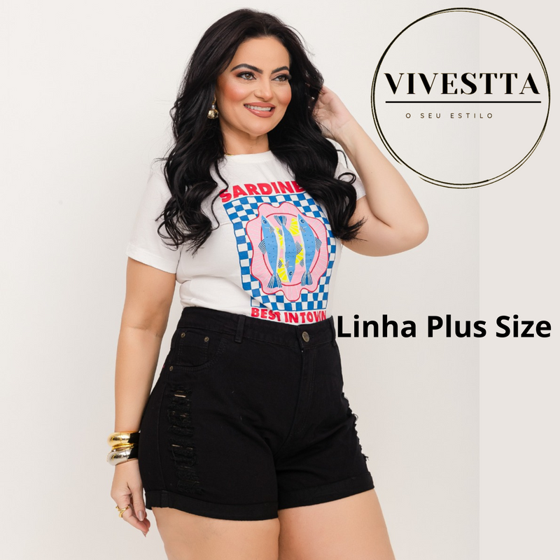 Shorts Bermudas Jeans Preto Feminina Plus Size