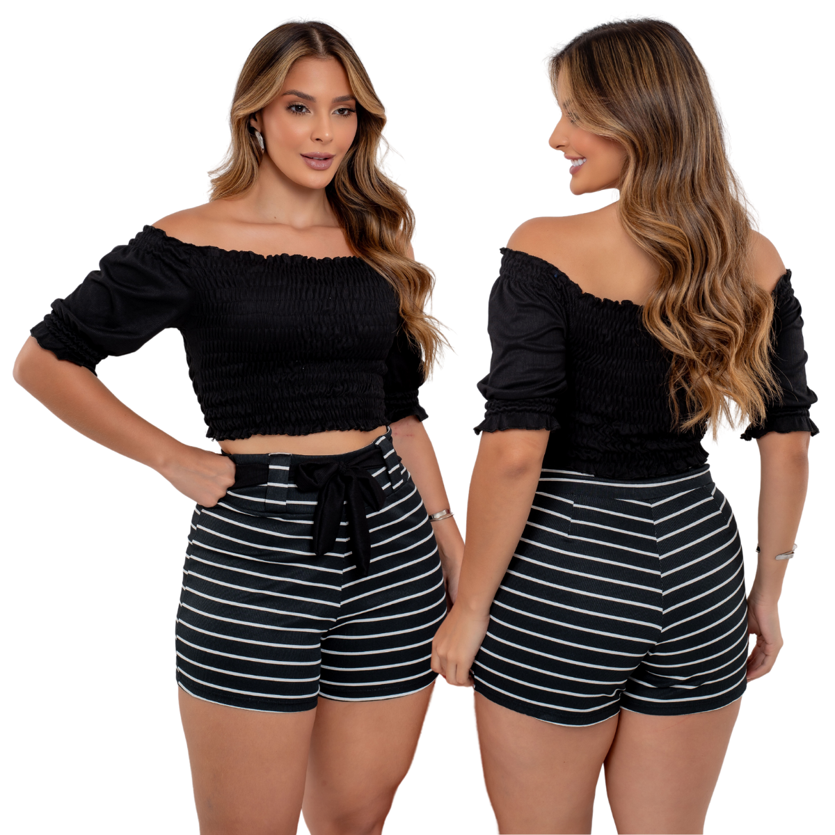 Conjunto Feminino Blusa e Short Ajustável Listrado Colorido Vivestta