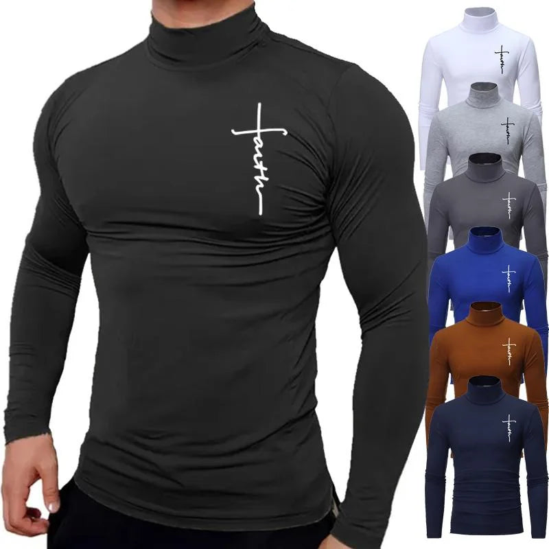 Camiseta Masculina de Manga Longa com Gola Alta – Estilo Casual & Conforto Ativo