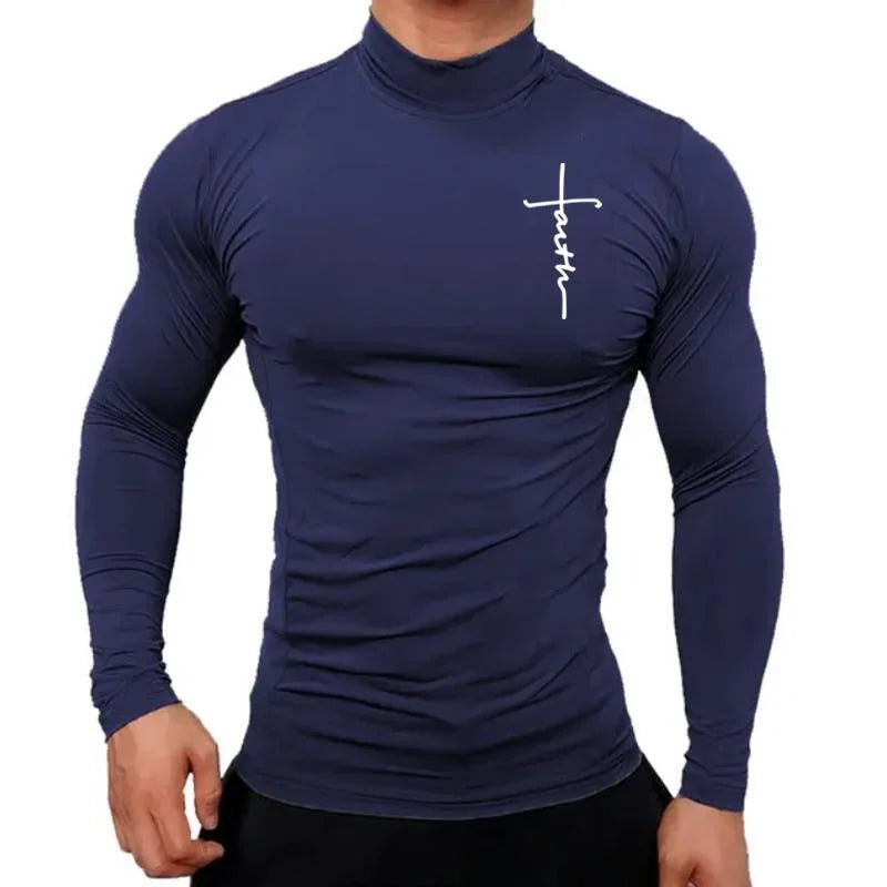 Camiseta Masculina de Manga Longa com Gola Alta – Estilo Casual & Conforto Ativo