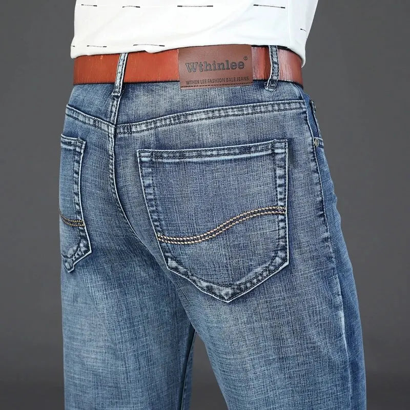 Wthinlee New Business Calça Jeans Masculina Casual Reta Elástica Moda Clássica