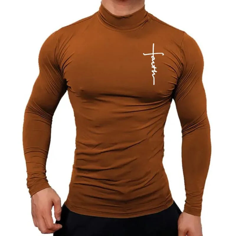 Camiseta Masculina de Manga Longa com Gola Alta – Estilo Casual & Conforto Ativo