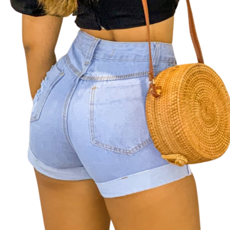 Short Jeans Feminino Cintura Alta Modelo Detonado Cintura Alta, Cós Alto, levanta o bumbum