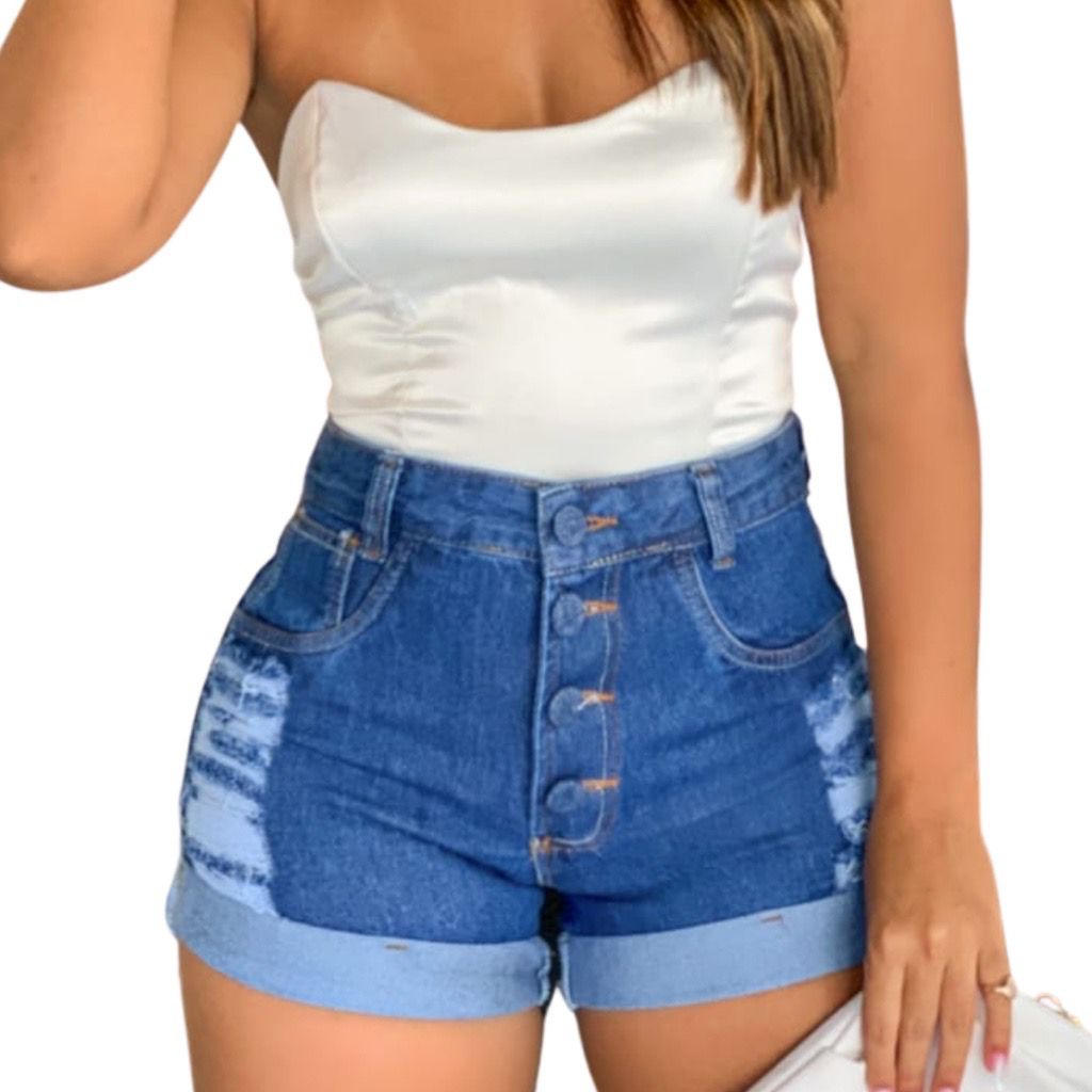 Short Feminino Jeans Short Curto Jeans Rasgado Feminino Premium Levanta Bumbum
