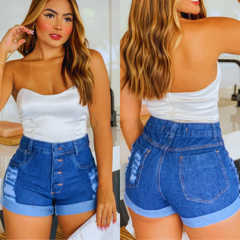 Short Feminino Jeans Short Curto Jeans Rasgado Feminino Premium Levanta Bumbum