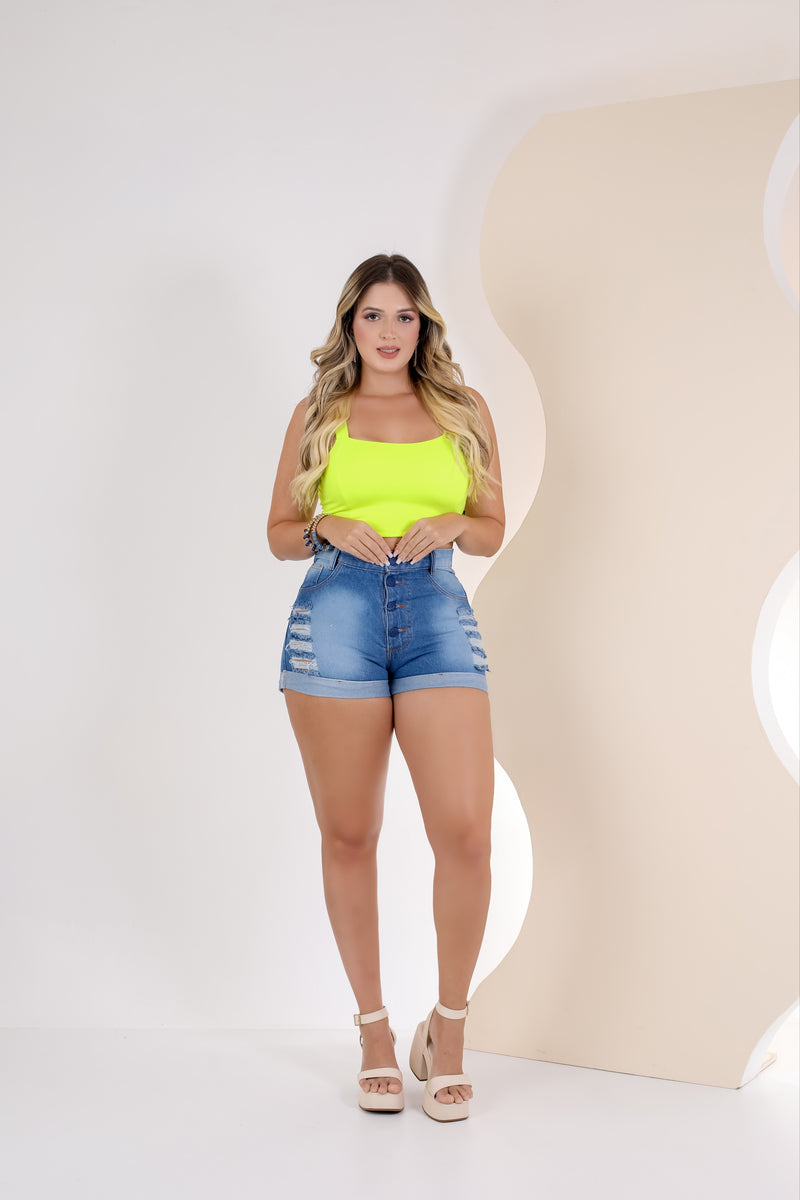 Short Jeans Feminino Cintura Alta Modelo Detonado Cintura Alta, Cós Alto Promoção Desconto
