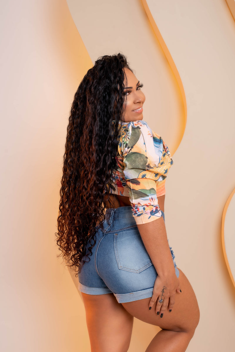 Short Jeans Feminino Cintura Alta Modelo Detonado Cintura Alta, Cós Alto Promoção Desconto