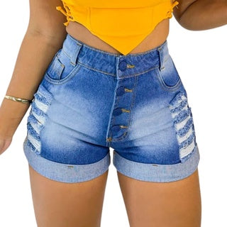 Short Jeans Feminino Cintura Alta Modelo Detonado Cintura Alta, Cós Alto Promoção Desconto