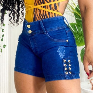 Short Jeans Feminino Cintura Alta Modelo Detonado Cintura Alta, Cós Alto, levanta o bumbum.