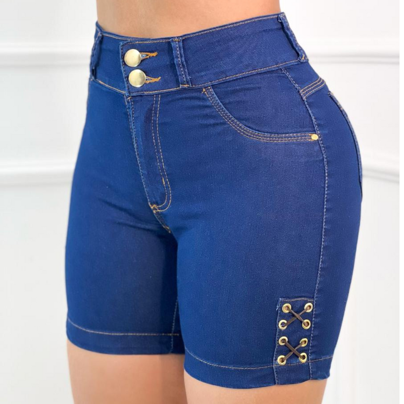 Short Jeans Feminino Cintura Alta Modelo Detonado Cintura Alta, Cós Alto, levanta o bumbum.