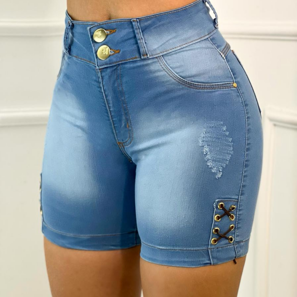 Short Jeans Feminino Cintura Alta Modelo Detonado