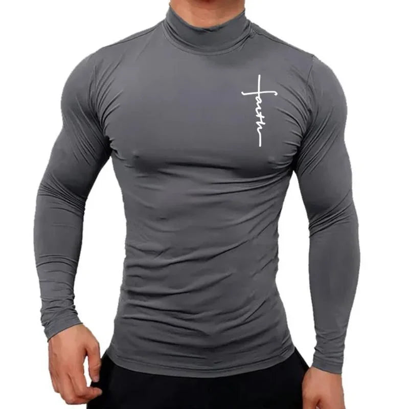 Camiseta Masculina de Manga Longa com Gola Alta – Estilo Casual & Conforto Ativo