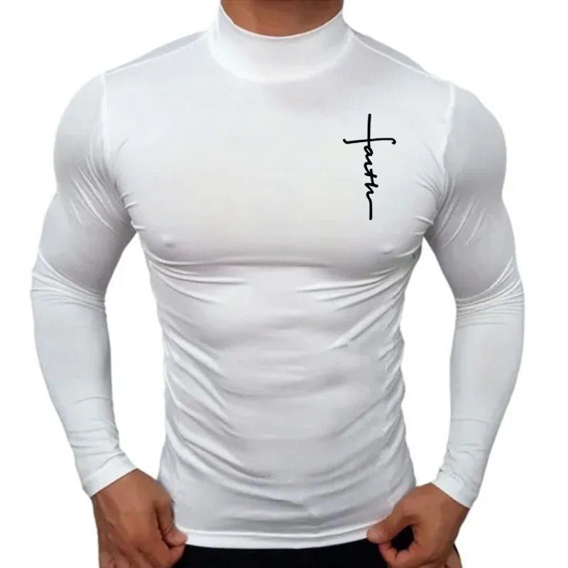 Camiseta Masculina de Manga Longa com Gola Alta – Estilo Casual & Conforto Ativo