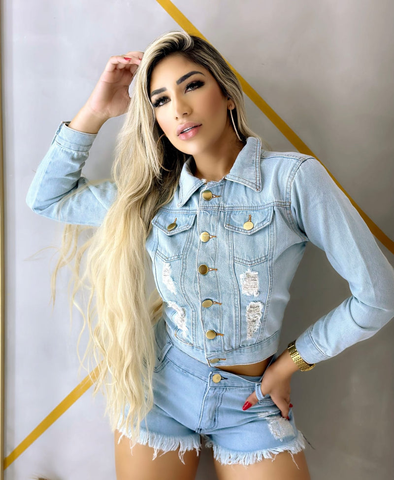 Jaqueta Jeans Feminina com Gola de Pele Sintética
