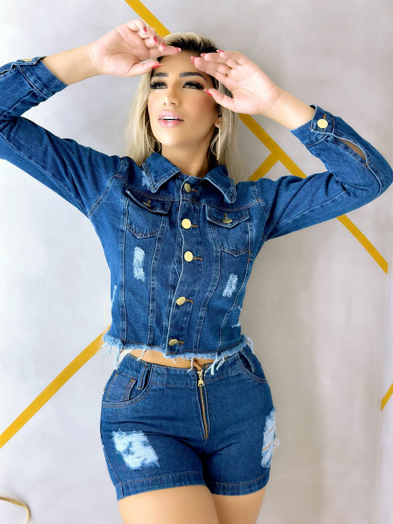 Jaqueta Jeans Feminina Estilo Moto