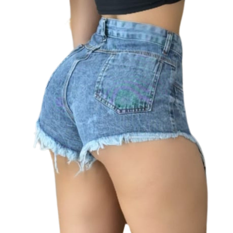 Short Jeans Feminino Cintura Alta Modelo Detonado Cintura Alta, Cós Alto, Levanta o