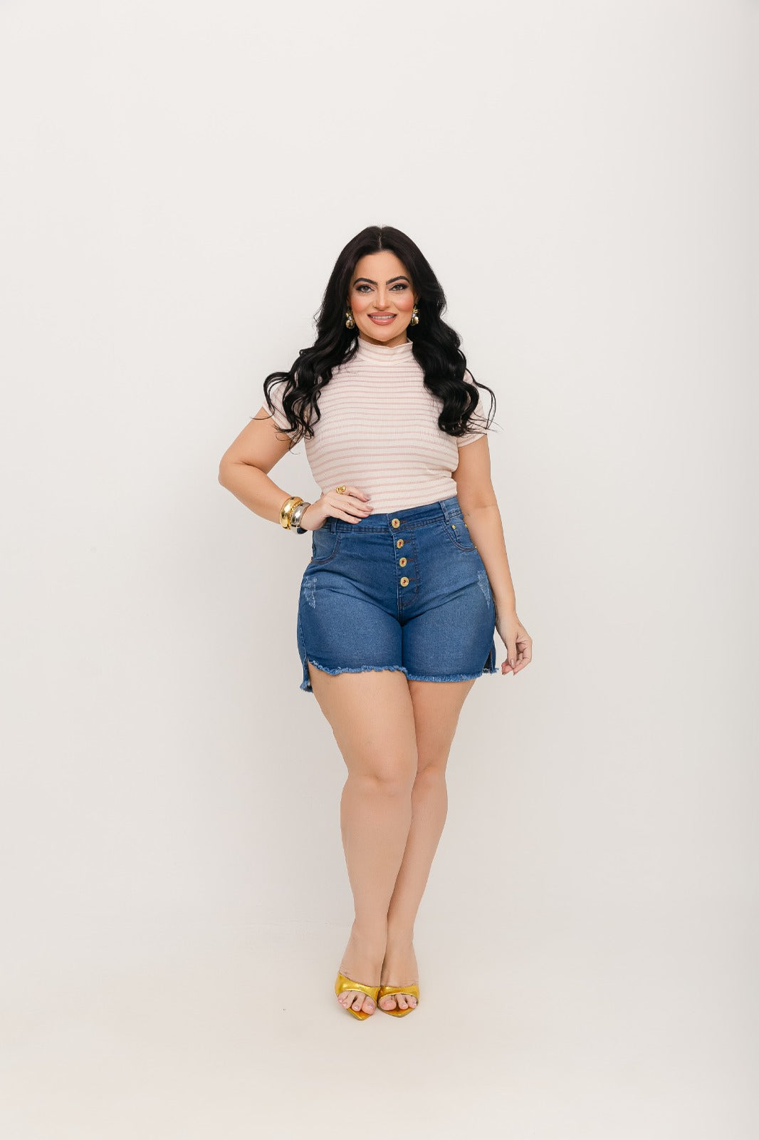 Shorts Bermudas Jeans Feminina Plus Size Cintura Alta