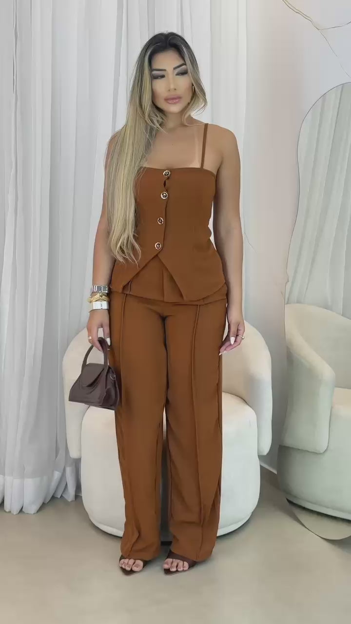 Conjunto Alfaiataria Calça Pantalona e Blusa de Alça com Botões e Elástico